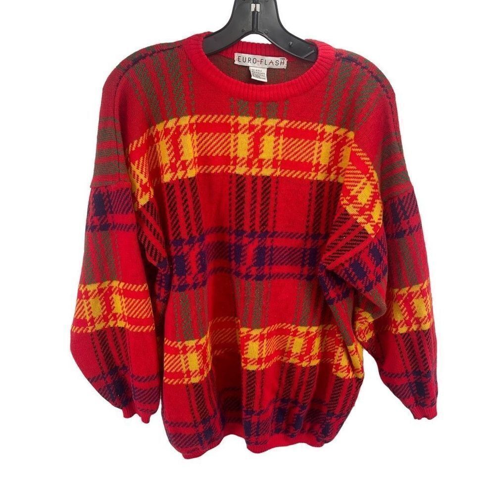 Euro-Flash Women's Plaid Sweater Vintage 80s Long Sleeve Acrylic Red One Size